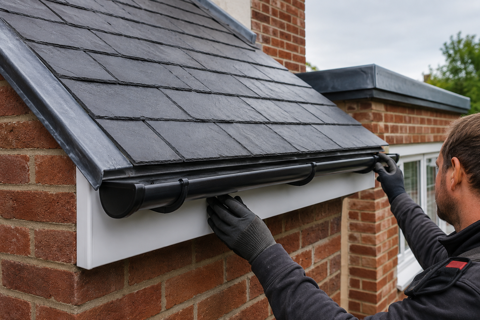 Roofing specialist inspecting soffits, fascias and guttering